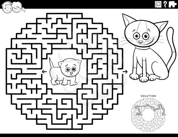 Black and White Cartoon Illustration of Educational Maze Puzzle Game for Children with Kittens Coloring Book Page