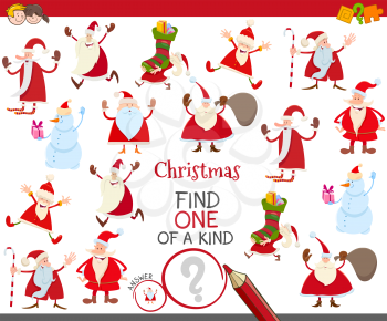 Cartoon Illustration of Find One of a Kind Picture Educational Activity Game for Children with Santa Claus and Christmas Characters