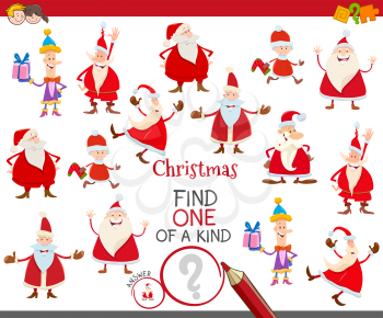 Cartoon Illustration of Find One of a Kind Picture Educational Activity Game for Children with Santa Claus and Christmas Holiday Characters