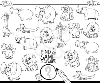 Black and White Cartoon Illustration of Finding Two Same Pictures Educational Activity Game for Children with Wild Animal Characters Coloring Book