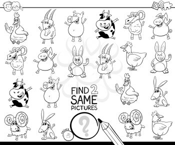 Black and White Cartoon Illustration of Finding Two Same Pictures Educational Activity Game for Children with Farm Animal Characters Coloring Book