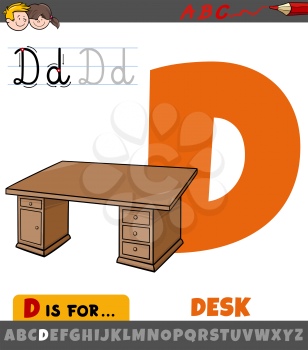 Educational cartoon illustration of letter D from alphabet with desk for children 