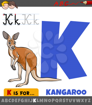 Educational cartoon illustration of letter K from alphabet with kangaroo animal for children 