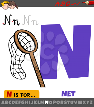 Educational cartoon illustration of letter N from alphabet with net for children 