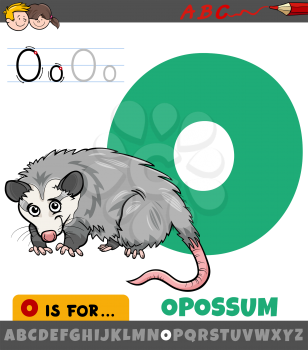 Educational cartoon illustration of letter O from alphabet with opossum animal for children 