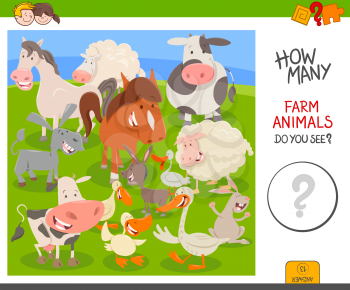 Cartoon Illustration of Educational Counting Activity Game for Children with Cute Farm Animal Characters