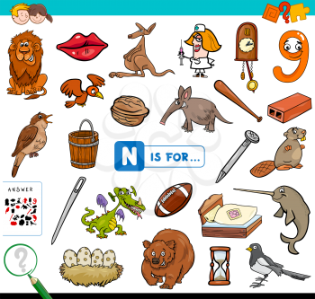 Cartoon Illustration of Finding Picture Starting with Letter N Educational Game Workbook for Children