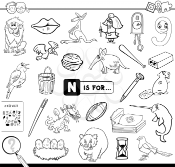 Black and White Cartoon Illustration of Finding Picture Starting with Letter N Educational Game Workbook for Children Coloring Book