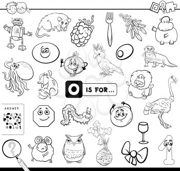 Black and White Cartoon Illustration of Finding Picture Starting with Letter O Educational Game Workbook for Children Coloring Book