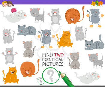 Cartoon Illustration of Finding Two Identical Pictures Educational Game for Children with Happy Cat Characters