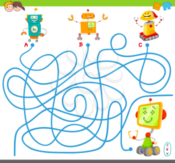 Cartoon Illustration of Lines Maze Puzzle Activity Game with Funny Robots or Droids Characters