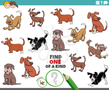 Cartoon Illustration of Find One of a Kind Picture Educational Game with Playful Dogs and Puppies Animal Characters