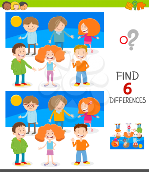 Cartoon Illustration of Finding Six Differences Between Pictures Educational Game for Children with Cute Kids Characters Group