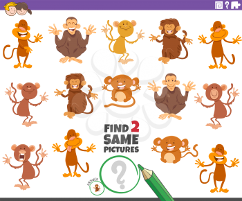 Cartoon Illustration of Finding Two Same Pictures Educational Task for Children with Funny Monkeys and Apes Wild Animal Characters