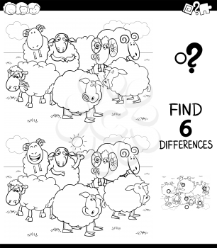 Black and White Cartoon Illustration of Finding Six Differences Between Pictures Educational Game for Children with Sheep Farm Animal Characters Coloring Book