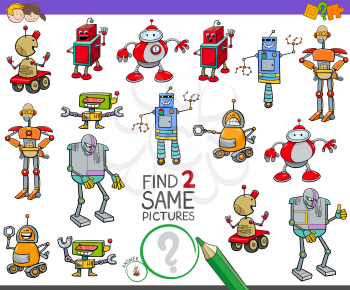 Cartoon Illustration of Finding Two Same Pictures Educational Activity Game for Kids with Funny Robots Characters