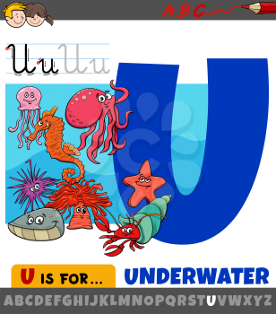 Educational cartoon illustration of letter U from alphabet with underwater animals for children 