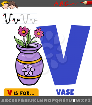 Educational cartoon illustration of letter V from alphabet with vase object for children 