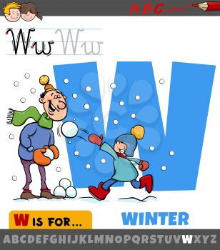 Educational cartoon illustration of letter W from alphabet with winter season for children 