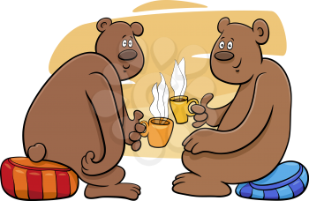Cartoon illustration of two bears comic animal characters drinking tea