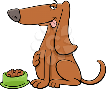 Cartoon illustration of hungry dog comic animal character with his food