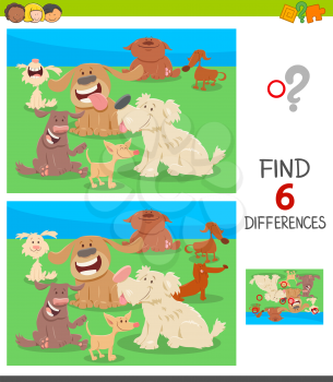 Cartoon Illustration of Finding Six Differences Between Pictures Educational Game for Children with Funny Dogs Animal Characters