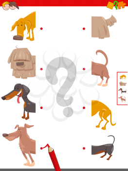 Cartoon Illustration of Educational Game of Matching Halves of Funny Dog or Puppy Characters
