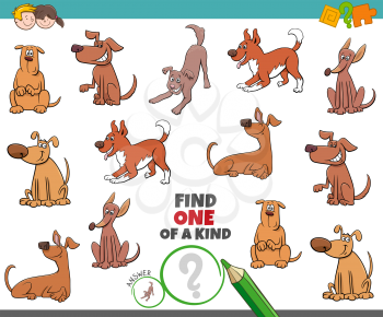 Cartoon Illustration of Find One of a Kind Picture Educational Game with Happy Dogs and Puppies Animal Characters