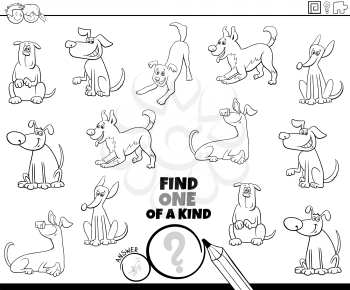 Black and White Cartoon Illustration of Find One of a Kind Picture Educational Game with Happy Dogs and Puppies Animal Characters Coloring Book Page