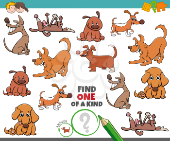 Cartoon Illustration of Find One of a Kind Picture Educational Game with Funny Dogs and Puppies Animal Characters