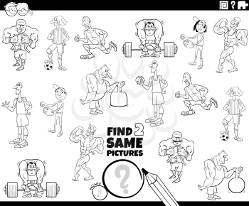 Black and White Cartoon Illustration of Finding Two Same Pictures Educational Game for Children with Athlete Characters Coloring Book Page