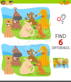 Cartoon Illustration of Finding Six Differences Between Pictures Educational Game for Children with Funny Dogs and Puppies Group