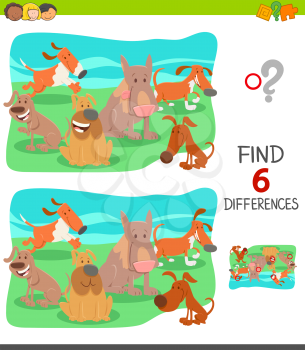 Cartoon Illustration of Finding Six Differences Between Pictures Educational Game for Children with Happy Dogs and Puppies Group