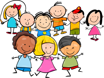 Cartoon Illustration of Happy Preschool or Elementary Age Children Characters Group
