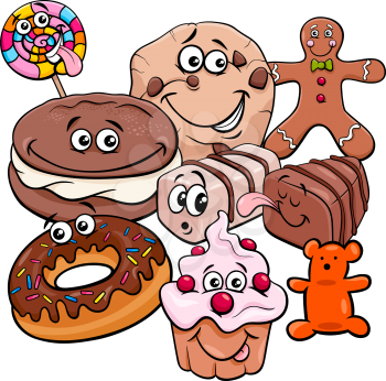 Cartoon Illustration of Sweet Food Cakes and Cookies Characters Group
