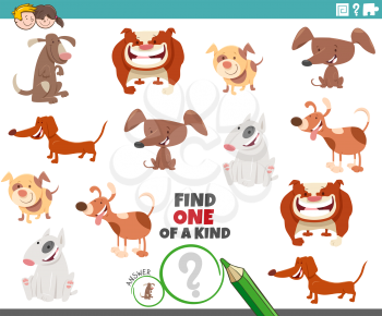 Cartoon Illustration of Find One of a Kind Picture Educational Game with comic Dogs Animal Characters