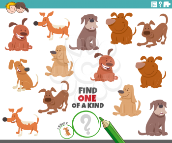 Cartoon Illustration of Find One of a Kind Picture Educational Task with comic Dogs Animal Characters