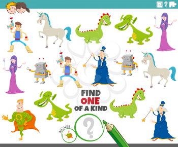 Cartoon Illustration of Find One of a Kind Picture Educational Game with Comic Fantasy Characters