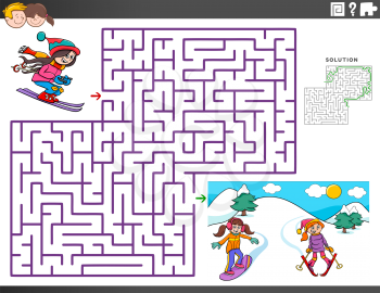 Cartoon Illustration of Educational Maze Puzzle Game for Children with Skiing Girls