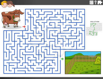 Cartoon Illustration of Educational Maze Puzzle Game for Children with Cow and Pasture