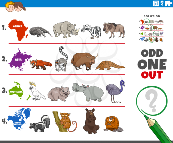 Cartoon Illustration of Odd One Oute Picture in a Row Educational Game for Elementary Age or Preschool Children with Animals from different Continents