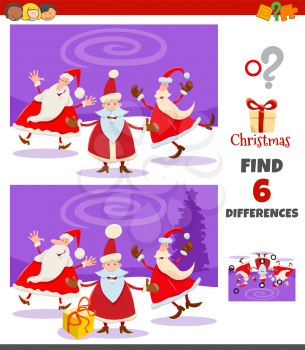 Cartoon Illustration of Finding Differences Between Pictures Educational Game for Children with Happy Santa Claus Characters on Christmas Time