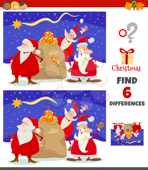 Cartoon Illustration of Finding Differences Between Pictures Educational Game for Children with Happy Santa Claus Characters Group on Christmas Time