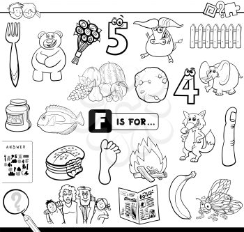 Black and White Cartoon Illustration of Finding Picture Starting with Letter F Educational Task Worksheet for Children Coloring Book