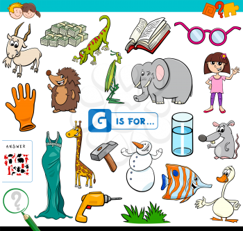 Cartoon Illustration of Finding Picture Starting with Letter G Educational Task Worksheet for Children