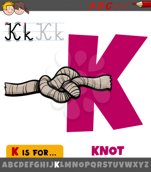 Educational cartoon illustration of letter K from alphabet with knot for children 