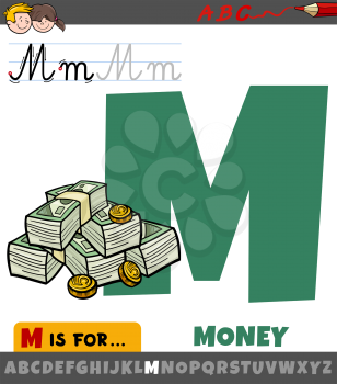Educational cartoon illustration of letter M from alphabet with money for children 