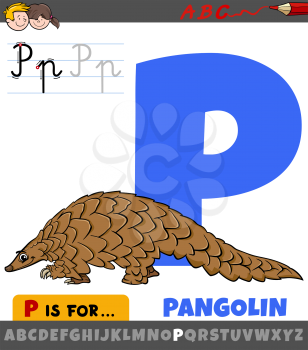 Educational cartoon illustration of letter P from alphabet with pangolin animal for children 