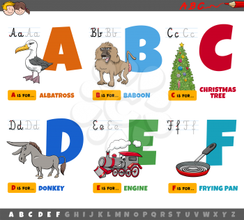 Cartoon illustration of capital letters from alphabet educational set for reading and writing practise for children from A to F