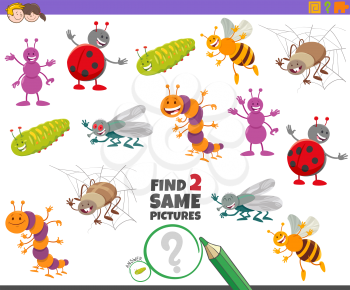 Cartoon Illustration of Finding Two Same Pictures Educational Activity Game for Children with Cute Insects Animal Characters